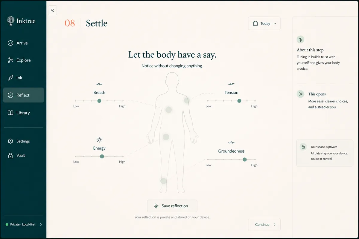 Inktree body check-in recording energy, tension and groundedness